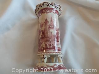 Cranberry Porcelain Vase with English Scene 